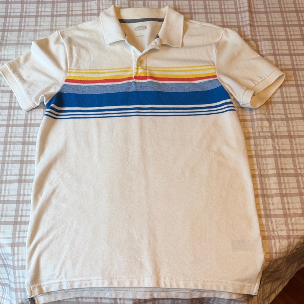 Old Navy Cream Polo Shirt with Blue and Yellow Stripes